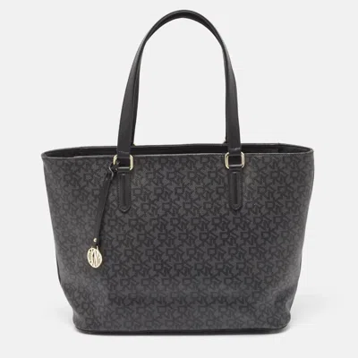 Dkny Black Monogram Coated Canvas And Leather Top Zip Tote