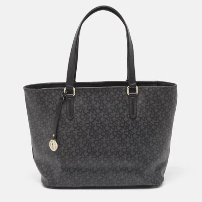 Pre-owned Dkny Black Monogram Coated Canvas And Leather Top Zip Tote