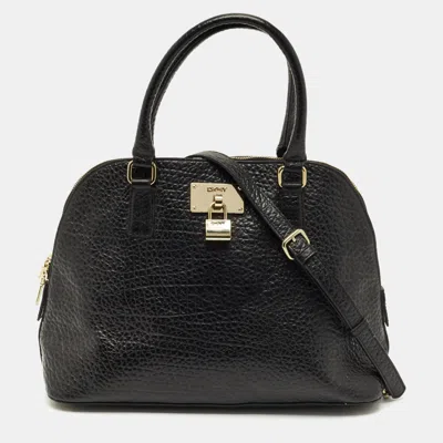 Dkny Black Pebbled Leather Padlock Dome Satchel In Brown