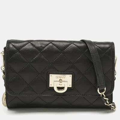 Pre-owned Dkny Black Quilted Leather Flap Chain Crossbody Bag