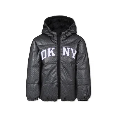 Dkny Kids' Black Reversible Down Jacket For Girl With Logo In Gray