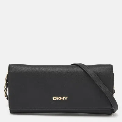 Pre-owned Dkny Black Saffiano Leather Flap Wallet On Chain