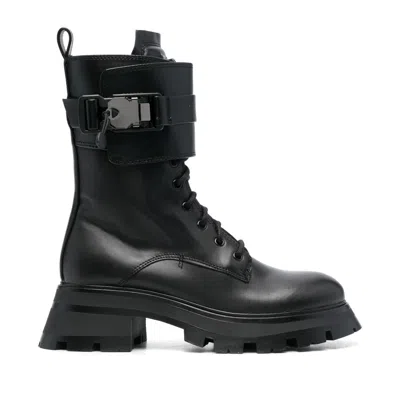 Dkny Black Sava Combat Lace-up Metallic Accents Leather Ankle Boots