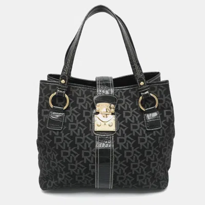 Pre-owned Dkny Black Signature Canvas And Croc Embossed Leather Tote