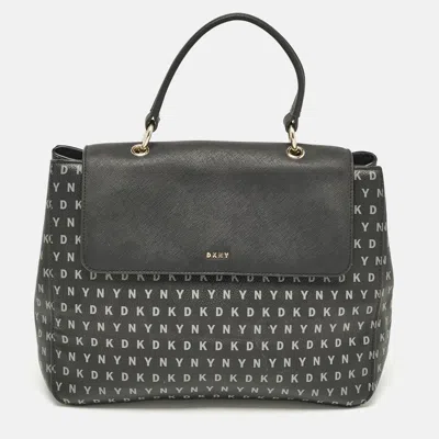 Pre-owned Dkny Black Signature Coated Canvas And Leather Flap Top Handle Bag