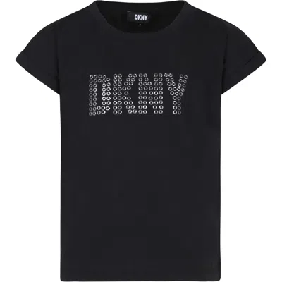 Dkny Kids' Black T-shirt For Girl With Logo And Studs