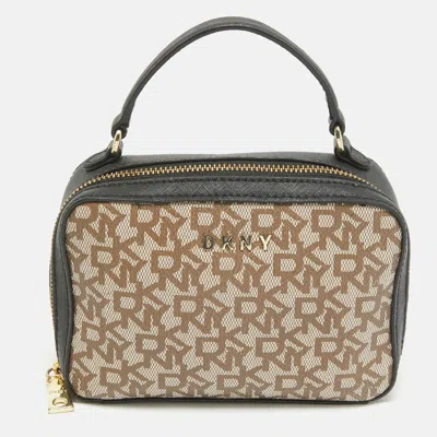 Pre-owned Dkny Black/beige Monogram Coated Canvas And Leather Zip Top Handle Bag