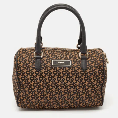 Pre-owned Dkny Black/brown Monogram Fabric And Leather Boston Bag