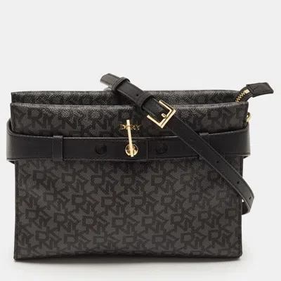 Pre-owned Dkny Bleeker East West Black/grey Monogram Coated Canvas And Leather Crossbody Bag