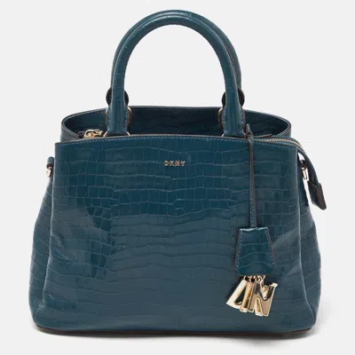 Pre-owned Dkny Blue Croc Leather Bryant Park Double Zip Satchel