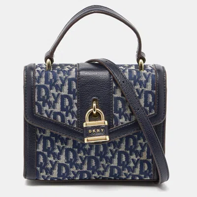 Pre-owned Dkny Blue Signature Canvas And Leather Top Handle Bag In Black