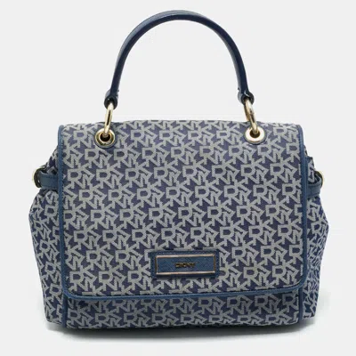 Pre-owned Dkny Blue Signature Canvas And Leather Trim Flap Top Handle Bag