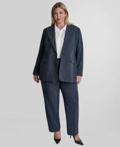 Dkny Boucle Pinstripe Oversized One Button Blazer Pleated Trouser In Blue