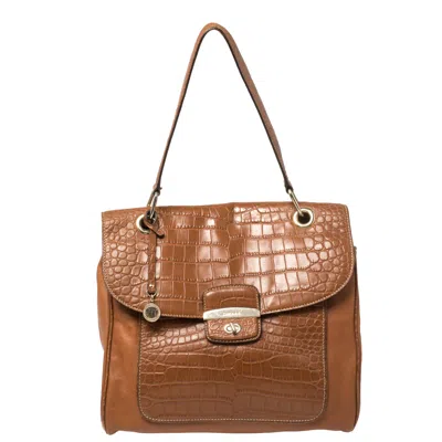 Pre-owned Dkny Brown Croc Embossed And Leather Turnlock Flap Top Handle Bag