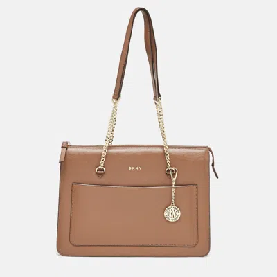 Pre-owned Dkny Brown Leather Large Bryant Top Zip Tote