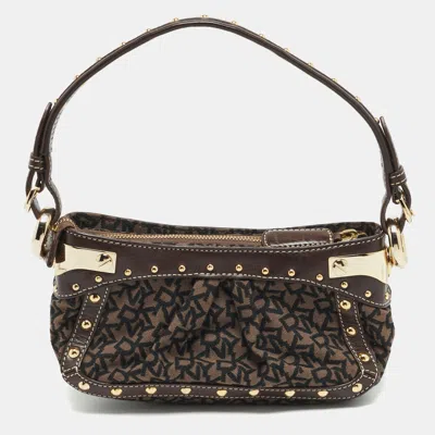 Pre-owned Dkny Brown Logo Jacquard Canvas And Leather Studded Shoulder Bag