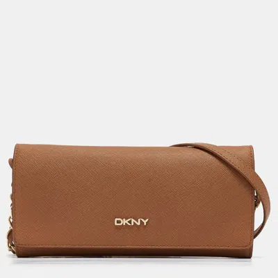 Dkny Brown Saffiano Leather Flap Wallet On Chain In Neutral