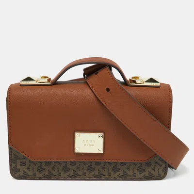 Pre-owned Dkny Brown Signature Coated Canvas And Leather Top Handle Bag