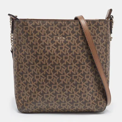 Pre-owned Dkny Brown Signature Coated Canvas And Leather Zip Messenger Bag