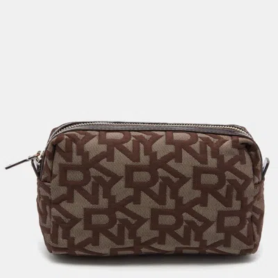 Dkny Brown/beige Signature Canvas And Patent Leather Pouch