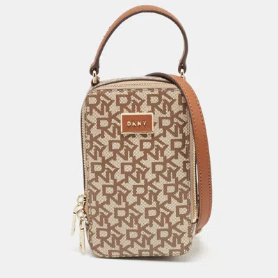 Pre-owned Dkny Brown/beige Signature Coated Canvas And Leather Steffy Crossbody Bag