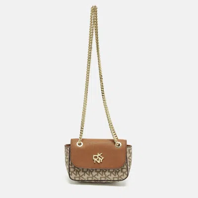 Pre-owned Dkny Brown/beige Signature Coated Canvas And Saffiano Leather Chain Mini Crossbody Bag