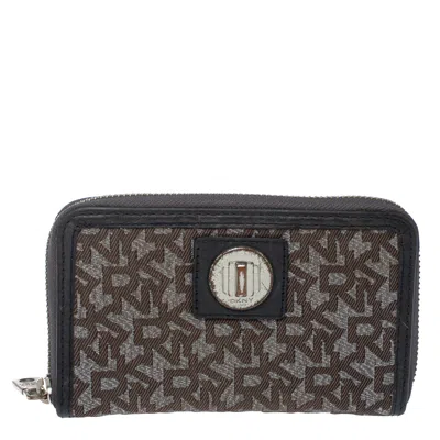 Dkny Brown/black Monogram Canvas And Leather Zip Around Wallet