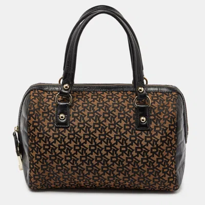 Pre-owned Dkny Brown/black Signature Canvas And Croc Embossed Leather Satchel