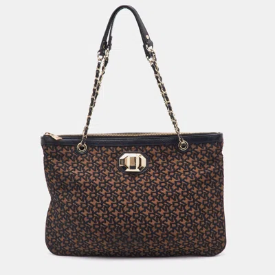 Pre-owned Dkny Brown/black Signature Canvas And Leather Chain Shoulder Bag
