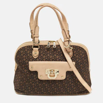 Dkny Brown/blush Pink Jacquard Canvas And Leather Dome Satchel