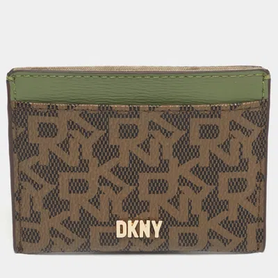 Dkny Brown/green Monogram Coated Canvas And Leather Logo Card Holder