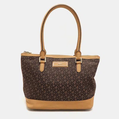 Dkny Brown/tan Canvas And Leather Zip Tote