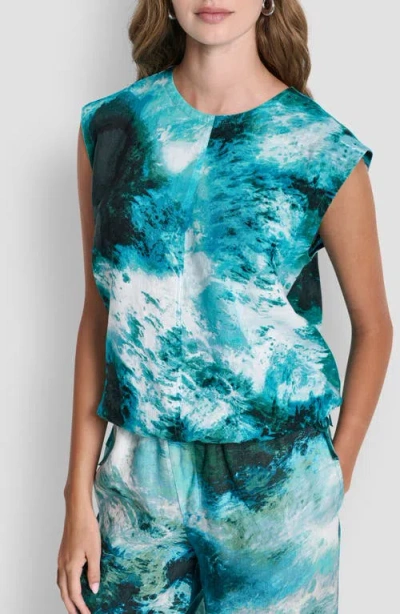 Dkny Brushstroke Print Drawstring Waist Linen Top In Blue