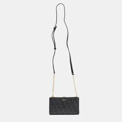 Pre-owned Dkny Bryant Black Signature Coated Canvas Wallet On Chain
