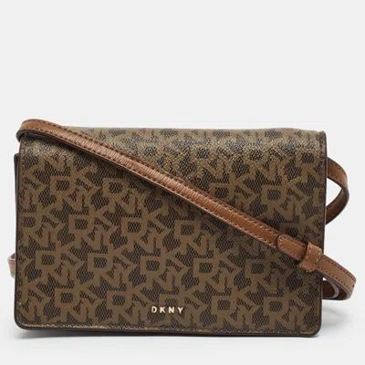 Pre-owned Dkny Bryant Brown Monogram Coated Canvas Flap Crossbody Bag
