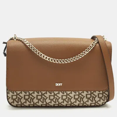 Pre-owned Dkny Bryant Park Medium Brown/beige Signature Faux Leather Flap Shoulder Bag