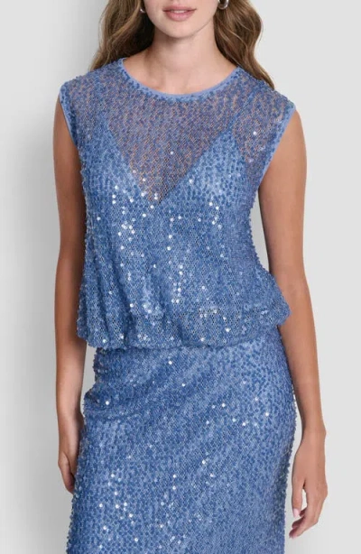 Dkny Bubble Hem Sequin Sleeveless Knit Top In Blue