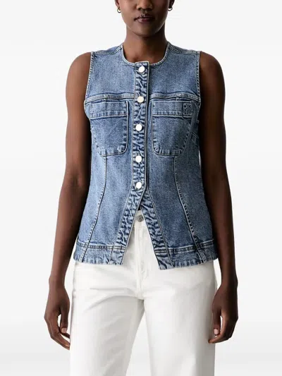 Dkny Buckled Denim Button-down Top In Blue
