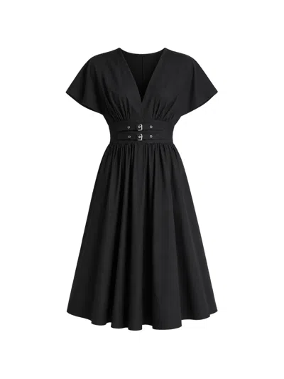 Dkny Buckle-detail Gathered Midi Dress In Black
