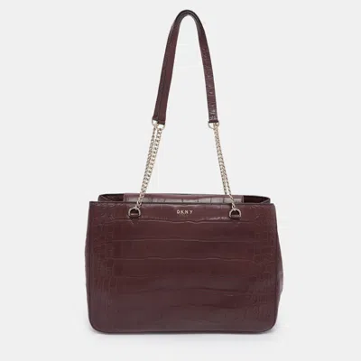 Pre-owned Dkny Burgundy Croc Embossed Leather Chain Tote