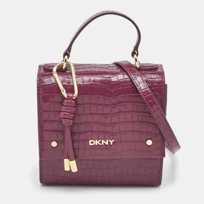 Pre-owned Dkny Burgundy Croc Embossed Leather Flap Top Handle Bag