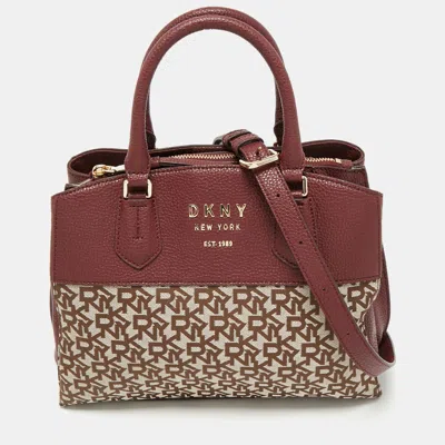 Pre-owned Dkny Burgundy/beige Signature Canvas And Leather Triple Compartment Satchel