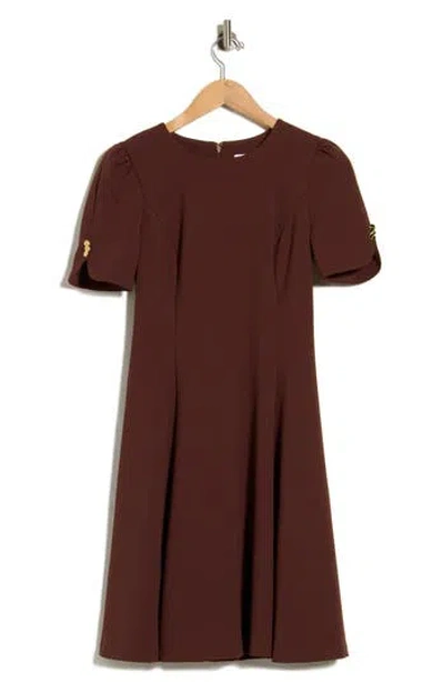 Dkny Button Sleeve Fit & Flare Dress In Brown