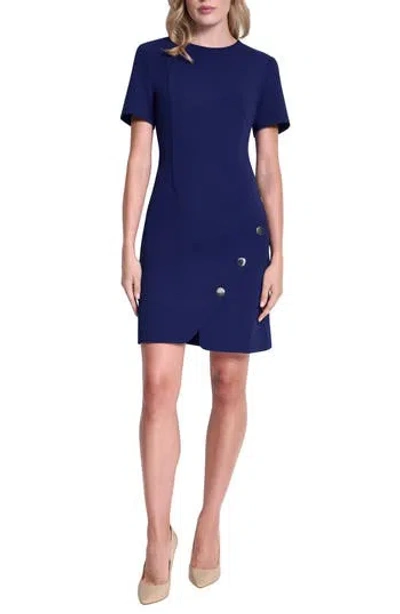 Dkny Button Trim Short Sleeve Shift Dress In Blue