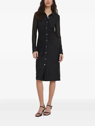 Dkny Buttoned Gathered Midi Dress In Black