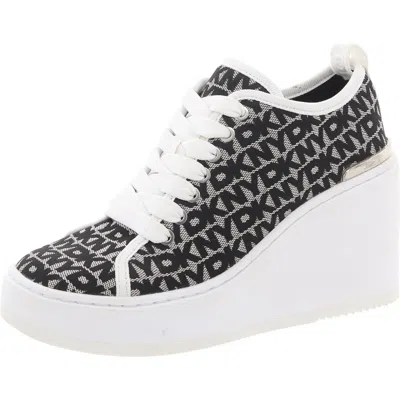 DKNY BYLA WOMENS LACE-UP CANVAS WEDGE BOOTS