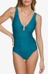Dkny Cabana Plunge One-piece Swimsuit In Cypress