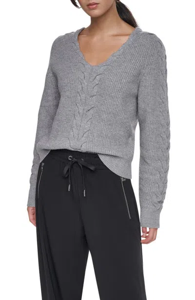 Dkny Cable Knit V-neck Sweater In Silver