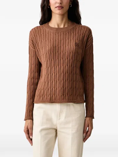 Dkny Cable-knit Logo-embroidered Sweater In Brown