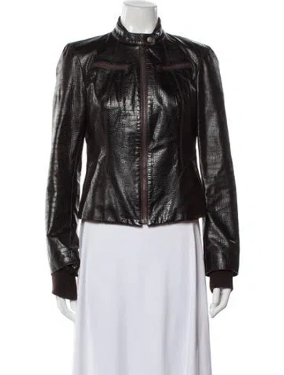 Pre-owned Dkny Calf Leather Animal Print Biker Jacket In Black